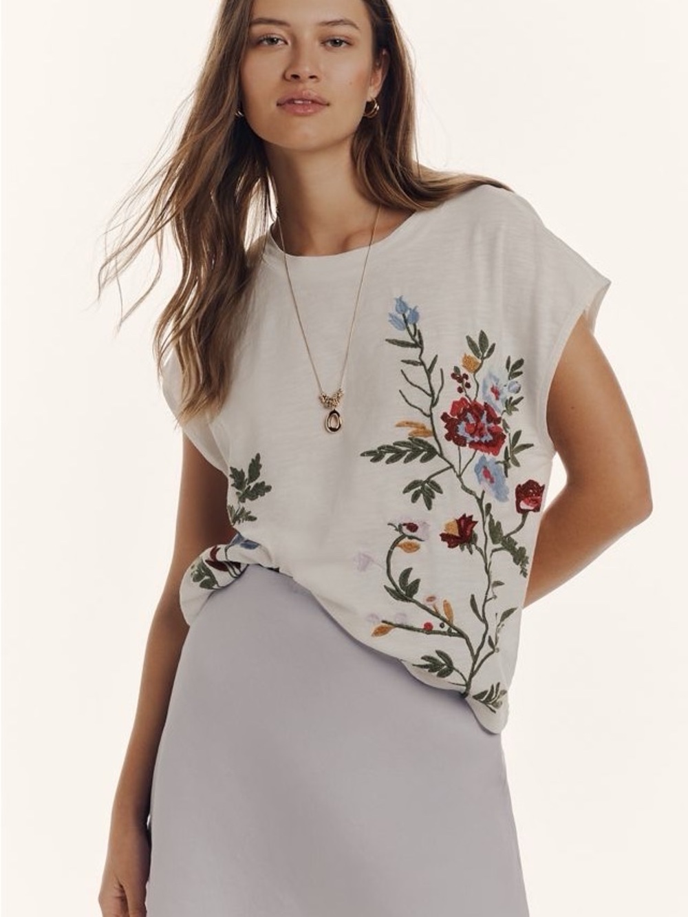 Anthropologie Growing Florals Embroidered White Muscle Tee Small